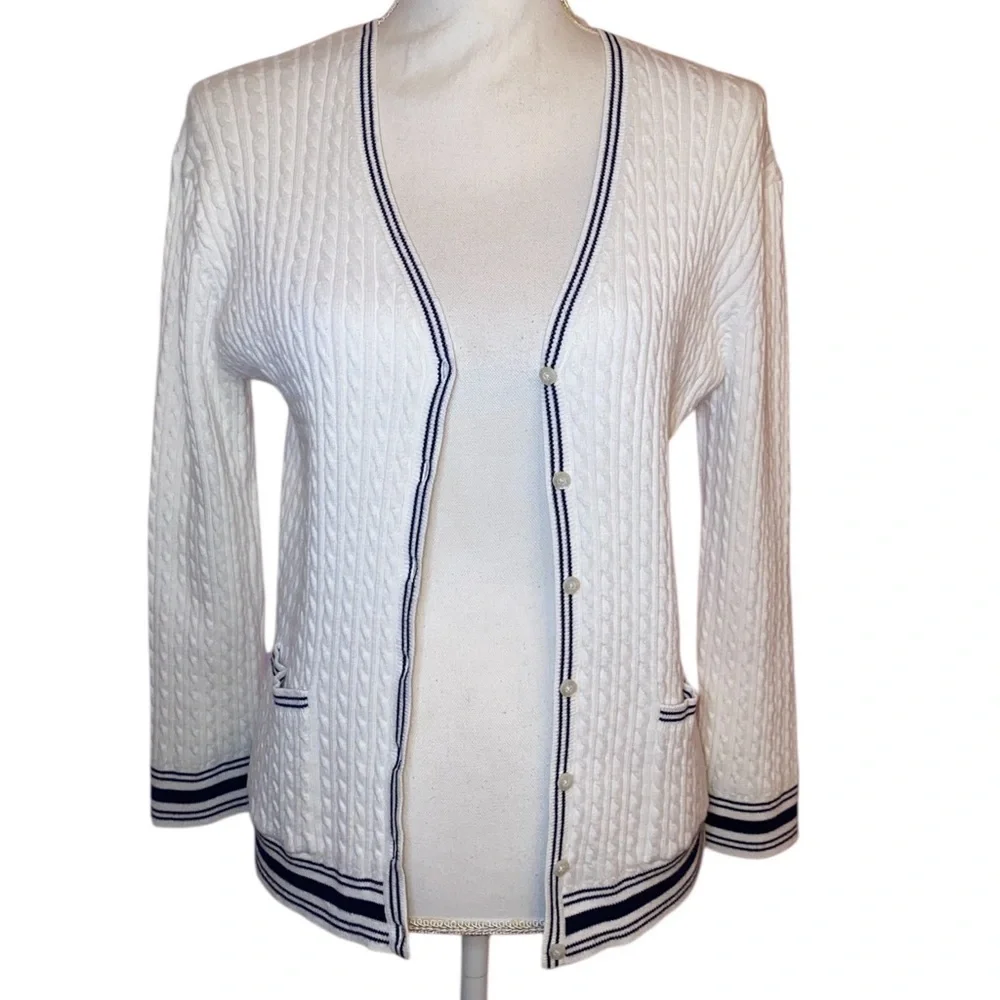 LAUREN RALPH LAUREN Cable Knit Cardigan-Vintage-Green Label-White/Black Size Med - Picture 3 of 9